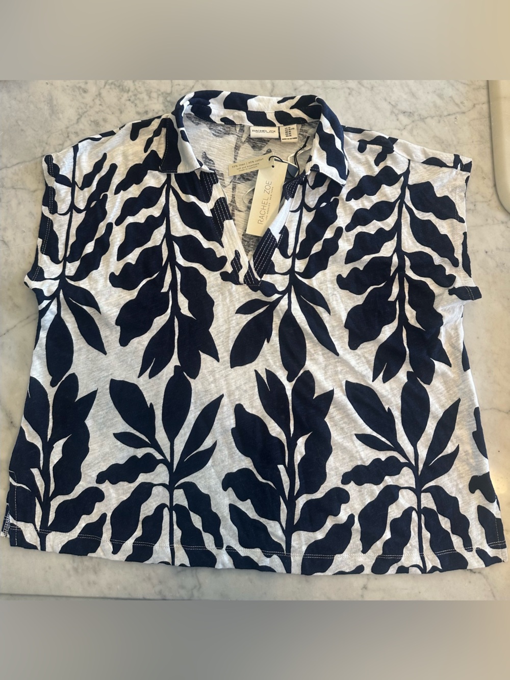 NEW Navy White Leaf-Print Short Sleeve Top by Rachel Zoe RETAILS 
$48 boutique